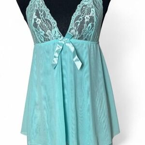 Blue/mint lace babydoll slip dress with adjustable spaghetti straps and bow